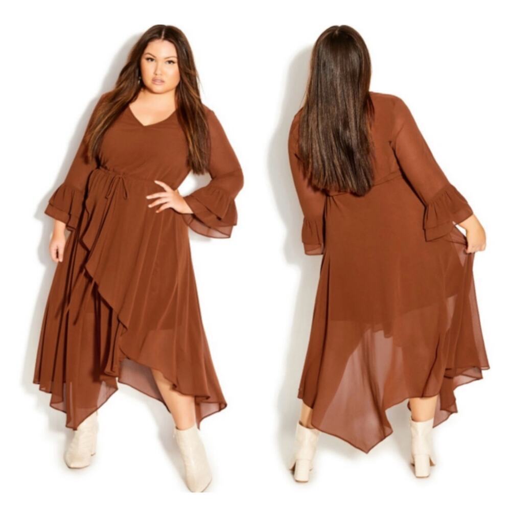 City Chic Women's Hidden Treasure Maxi Dress Ruffle Tie Waist Boho Size S 16